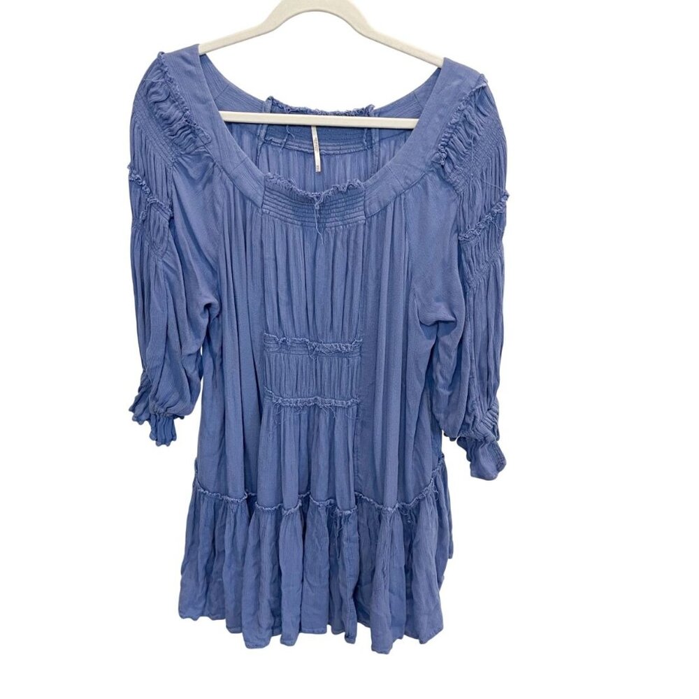 Free People See Ya There Blue Tiered Swing Dress Boho Peasant - Size XS